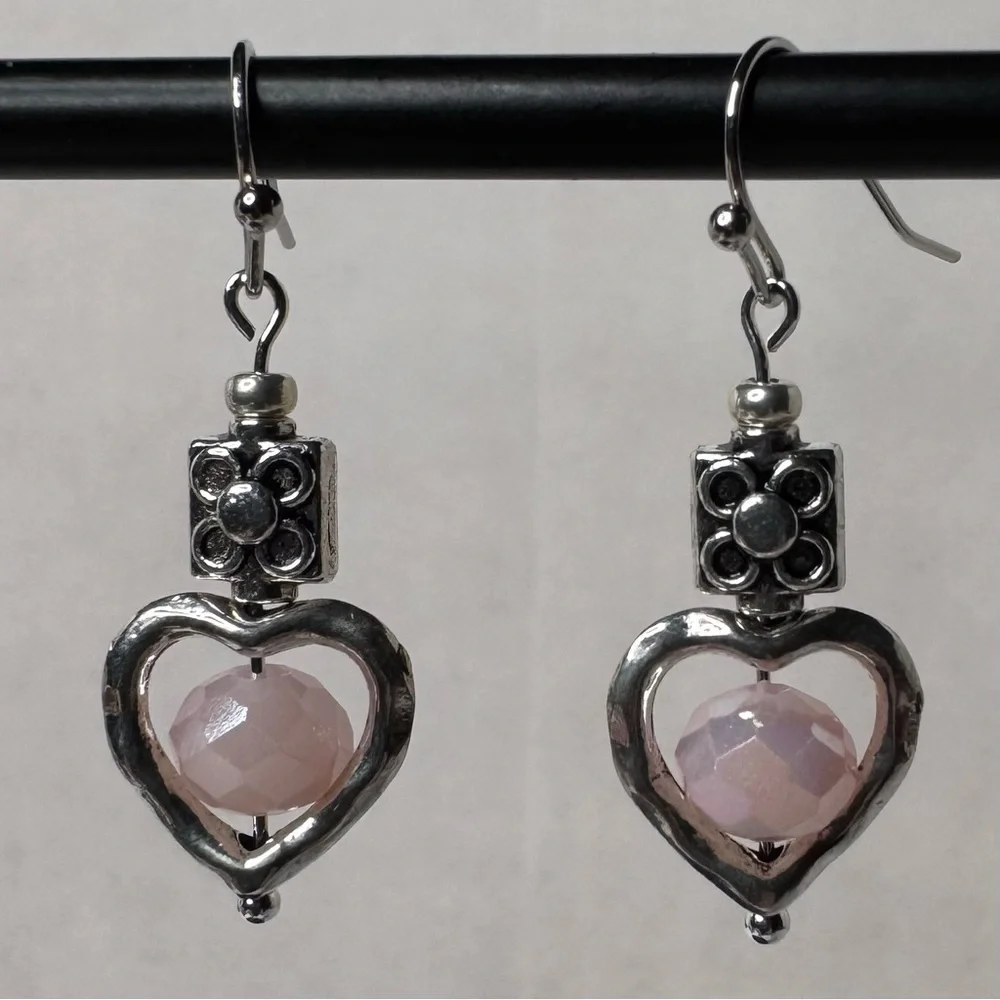 HAND CRAFTED Floral Heart Earrings 1 1/2” Silver Pink NWT